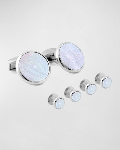 Tateossian Round Mother-Of-Pearl Guilloche Cufflink Stud Set - Blue