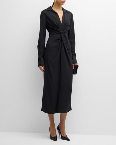 St. John Knot-Waist Long-Sleeve Satin Crepe Midi Shirtdress - Black