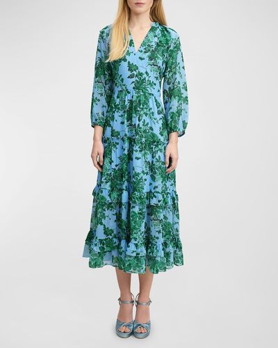 LK Bennett Eleanor Tiered Floral-Print Ruffle Midi Dress - Blue