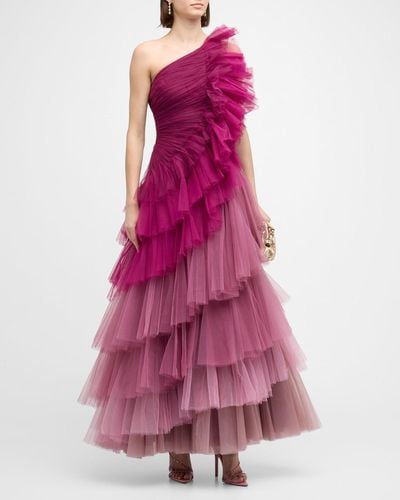 Badgley Mischka One-Shoulder Ombre Tiered Tulle Gown - Purple