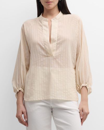 Eleventy Blouson-Sleeve Textured Striped Cotton Shirt - Natural
