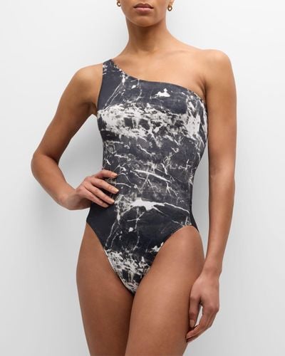 Norma Kamali Marble One-Shoulder One-Piece Swimsuit - Blue