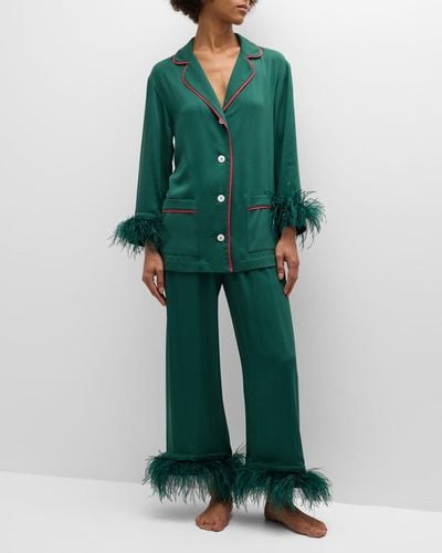 Sleeper Party Feather-Trim Cropped Pajama Set - Green