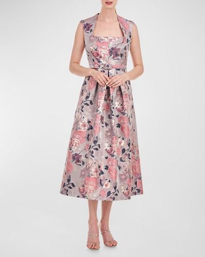 Kay Unger Lizabeth Pleated Floral Jacquard Midi Dress - Pink