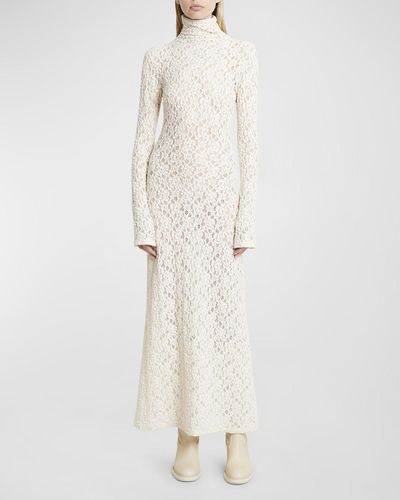 Chloé Turtleneck Long-sleeve Smocked Lace Gown - White