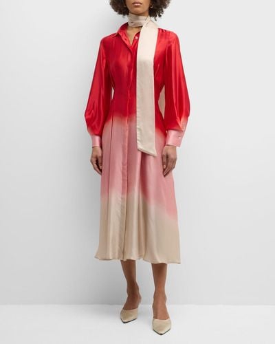 Kiton Ombre Silk Long-Sleeve Neck-Scarf Midi Shirtdress - Red