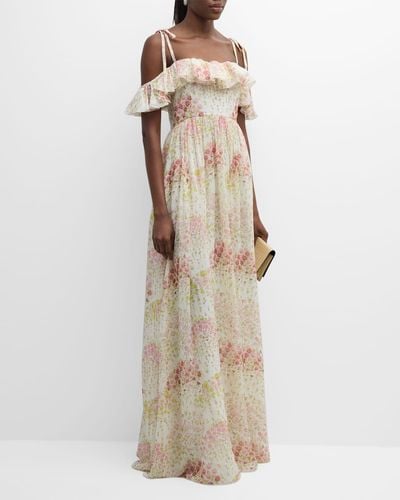Giambattista Valli Floral-Print Ruffle Off-The-Shoulder Silk Georgette Gown - Natural