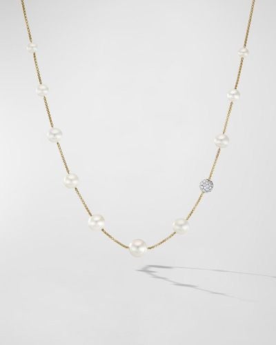 David Yurman Pearl And Pave Station Necklace With Diamonds In 18k Gold, 1.25mm, 16-18"l - White