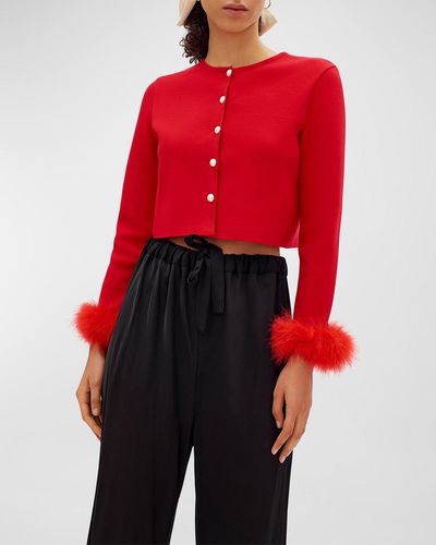 Sleeper Cropped Feather-Trim Cardigan - Red
