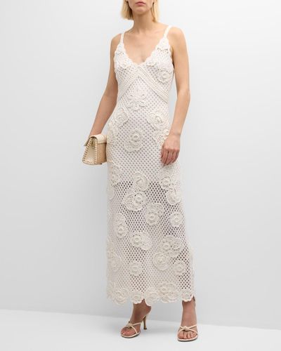 LoveShackFancy Rohesia Floral Crochet V-Neck Maxi Dress - White