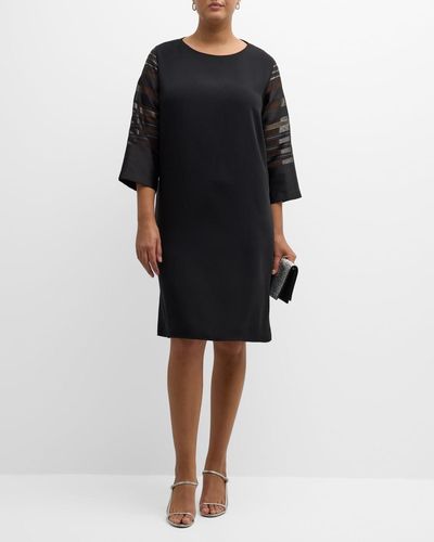 Caroline Rose Plus Plus Size Striped-Sleeve Crepe Midi Shift Dress - Black