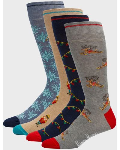Neiman Marcus 4-pack Holiday Crew Socks, Boxed Gift Set - Blue