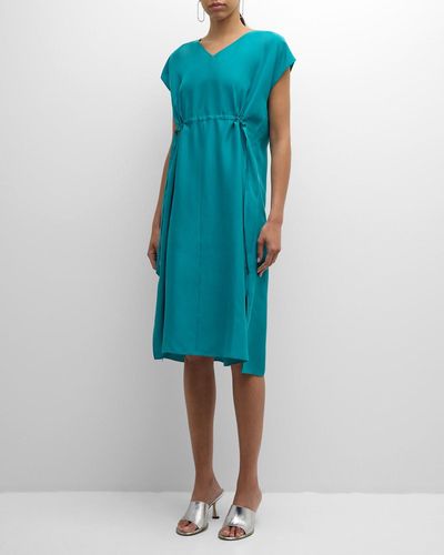 Eileen Fisher Dolman-Sleeve Washed Silk Midi Dress - Blue
