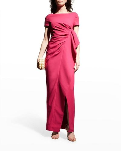 Kay Unger Pleated Short-sleeve Crepe Gown W/ Drape - Pink