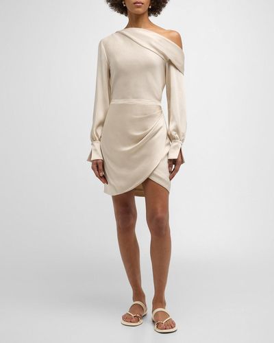 Jonathan Simkhai Cameron One-Shoulder Wrap-Skirt Satin Mini Dress - Natural