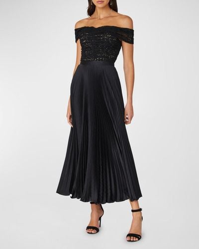Shoshanna Pleated Off-Shoulder Corded Lace Midi Dress - Black
