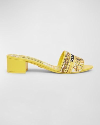 Dolce & Gabbana Karol Embroidered Block-Heel Slide Sandals - Yellow