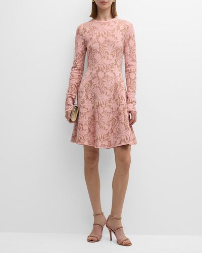 Lela Rose Floral Jacquard Long-sleeve Fit-&-flare Dress - Pink