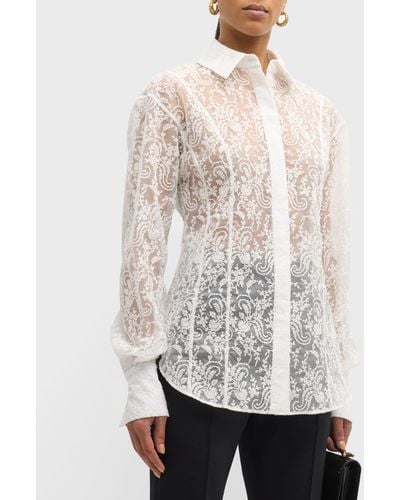 ADEAM Margot Embroidered Sheer Collared Shirt - White