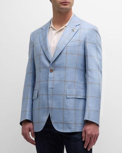 Stefano Ricci Windowpane Single-Breasted Blazer Jacket - Blue