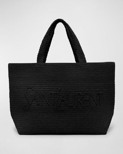 Saint Laurent East-West Logo Raffia Tote Bag - Black