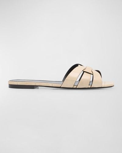 Saint Laurent Tribute Woven Flat Slide Sandals - White