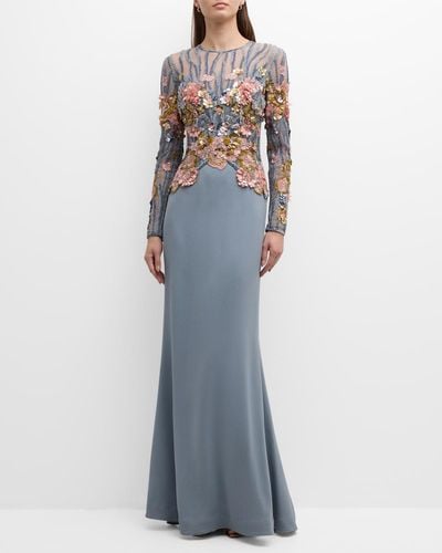 Elie Saab Embroidered Tulle Gown With Floral Detail - Blue