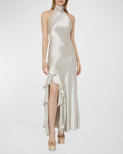 MILLY Roux Ruffle Satin Halter Gown - Natural
