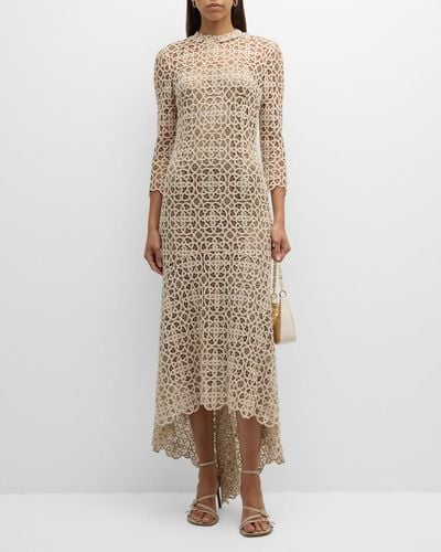 Teri Jon High-Low Stretch Crochet Maxi Dress - Natural