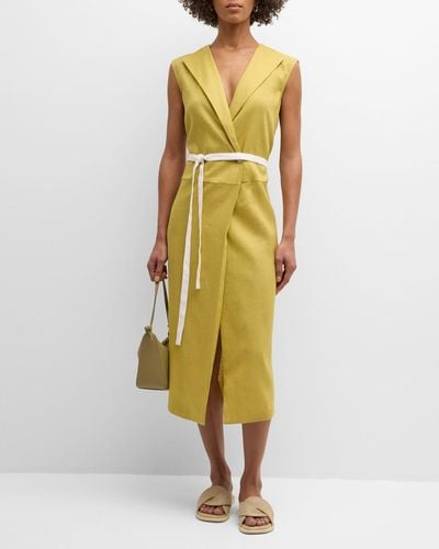 Fabiana Filippi Sleeveless Belted Linen Midi Wrap Dress - Yellow