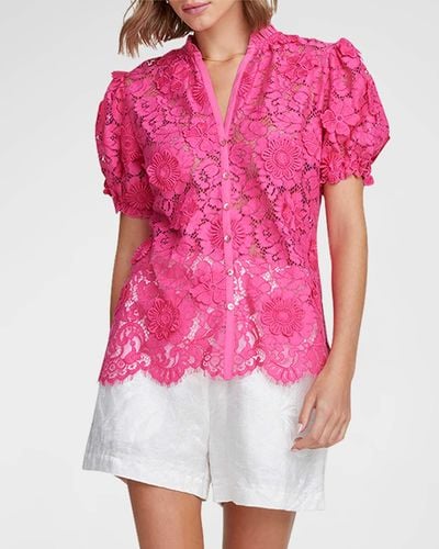Robert Graham Mila Puff-Sleeve Floral Lace Shirt - Pink