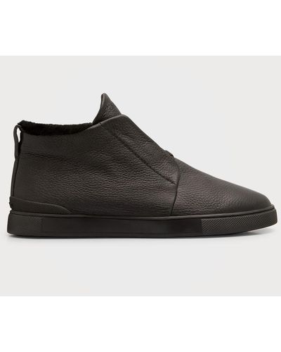 Zegna Triple Stitch Shearling-lined Leather High-top Sneakers - Black