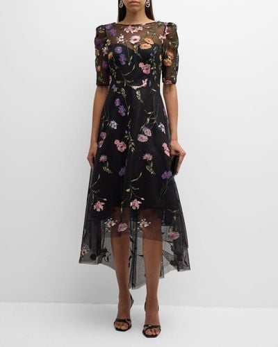 Teri Jon High-Low Floral-Embroidered Tulle Maxi Dress - Black