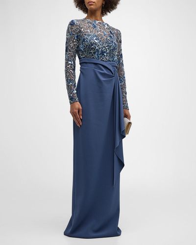 Pamella Roland Embroidered Long Sleeve Crepe Gown - Blue