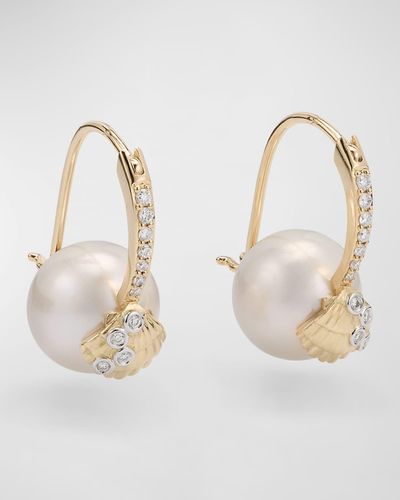 Sydney Evan 14k Gold Clamshell And 10mm Freshwater Pearl Diamond Earrings - Natural