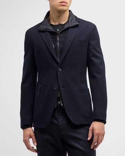 Zegna High-Performance Jersey Sport Coat With Suede Bib - Blue