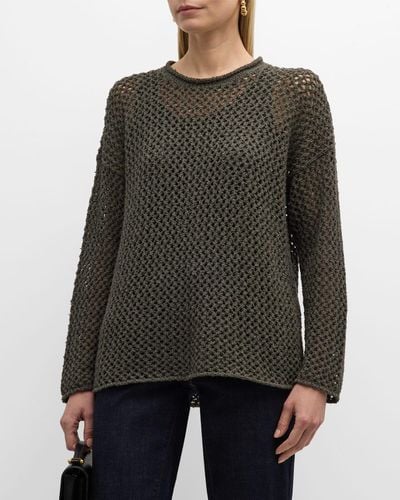 Eileen Fisher Crewneck Open-Stitch Boucle Pullover - Gray