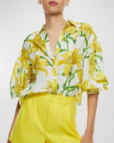Alice + Olivia Floral Printed Maylin Long-Sleeve Blouse - Yellow