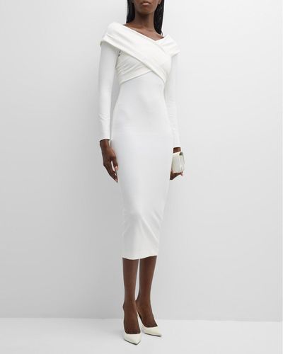 Emporio Armani Off-Shoulder Bodycon Jersey Midi Dress - White