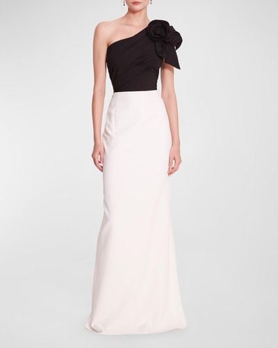Marchesa Pleated One-Shoulder Two-Tone Column Gown - White