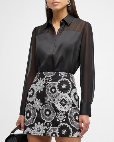MILLY Andy Sheer-Panel Button-Down Satin Blouse - Black