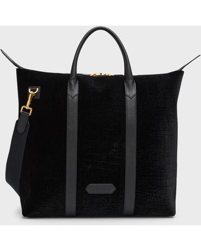 Tom Ford Croc-Effect Velvet And Leather North/South Tote Bag - Black