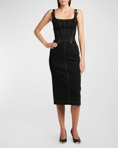 Versace Denim Buckle-Strap Midi Bodycon Dress - Black