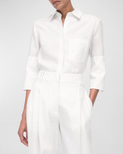 Another Tomorrow French-Cuff Linen Blouse - White