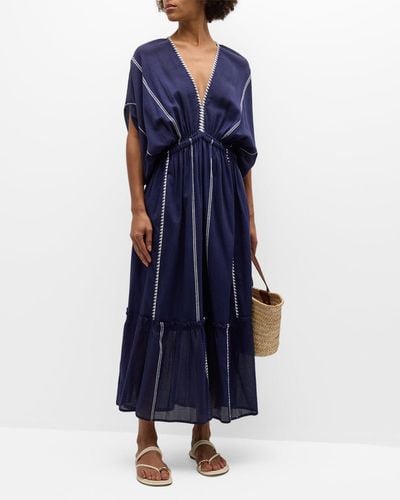 lemlem Nunu Tibeb Stripe Plunge Maxi Cotton Dress - Blue