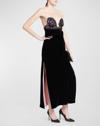 Giorgio Armani Crystal Lace Bustier Cowl-Back Slits Velvet Gown - Black