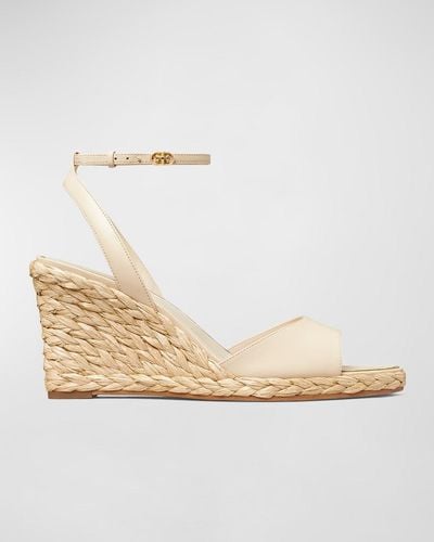 Tory Burch Leather Raffia Ankle-Strap Wedge Espadrilles - Natural
