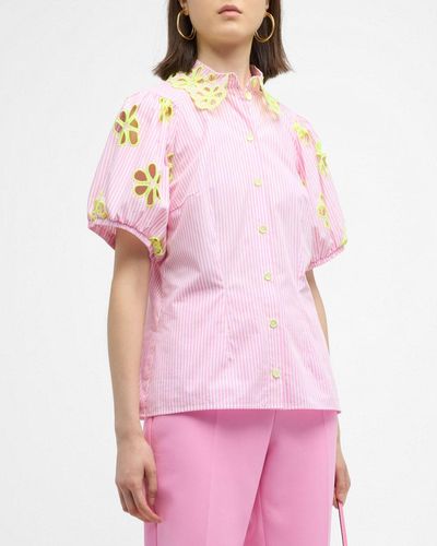 Maison Common Embroidered Floral Cutout Button-Front Blouse - Pink