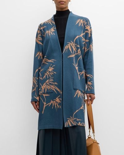 Misook Botanical-print Long Knit Jacket - Blue