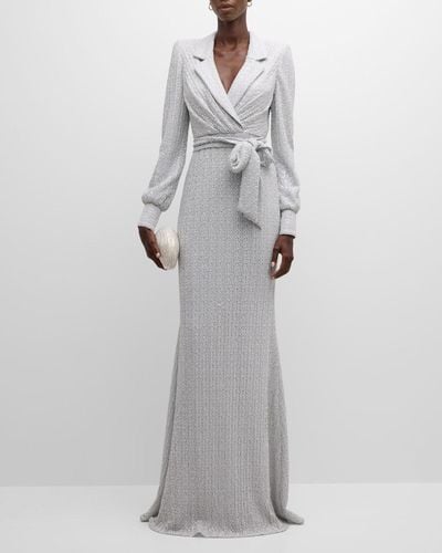 Badgley Mischka Tie-Waist Sequin Column Gown - Gray